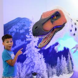 Small boy pointing at large white dinosaur. 