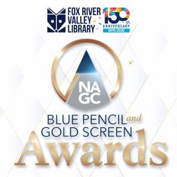 Fox River Valley Public Library 150th logo with Blue Pencil & Gold Screen Award in blues and gold graphics and font.
