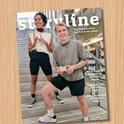 Storyline magazine cover showing two people holding library cards