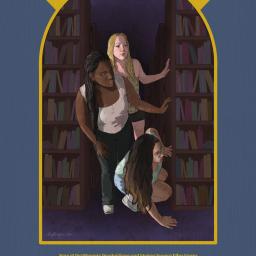 The Dark Library movie poster showing three girls peeking around a dark bookcase.