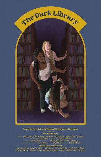 The Dark Library movie poster showing three girls peeking around a dark bookcase.