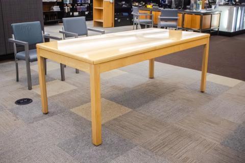 "Yellow" blonde wood tall rectangle tables 66"